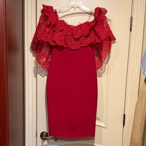 Marchesa Red Lace Ruffle Mini Dress